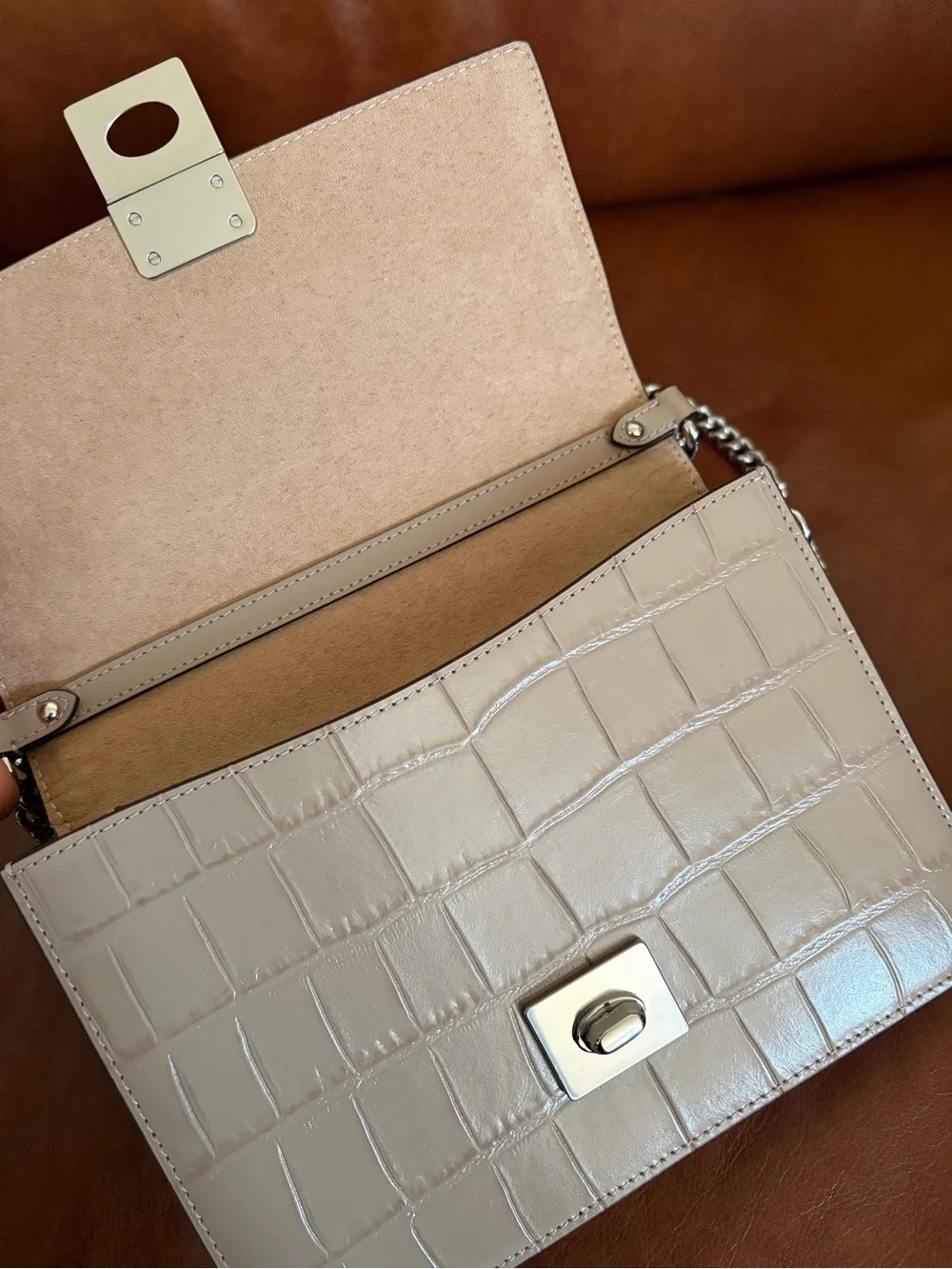 Coach Croc-Embossed Cream Crossbody with Black Trim